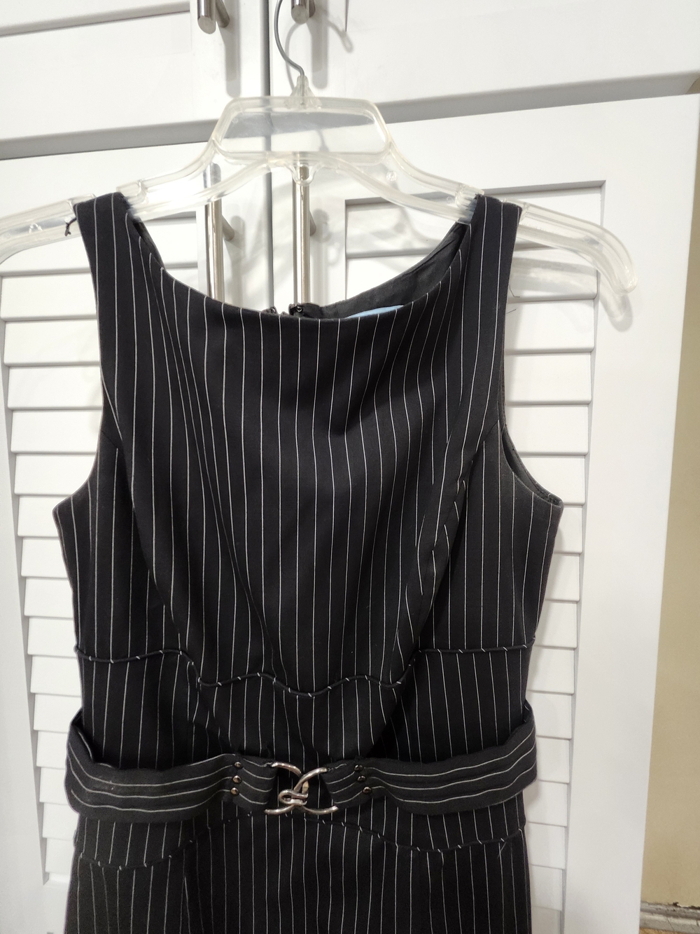 ANTONIO MELANI Black Pinstripe Midi Sheath Dress with Decorative Faux Belt - Picture 4 of 5